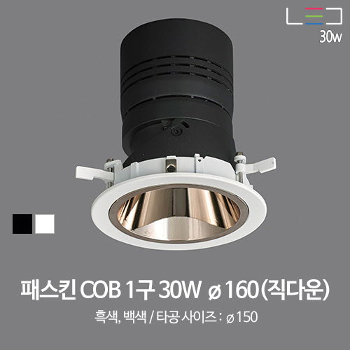 [LED 30W] 패스킨 COB 1구 타공:ø150 직다운 (흑색/백색)
